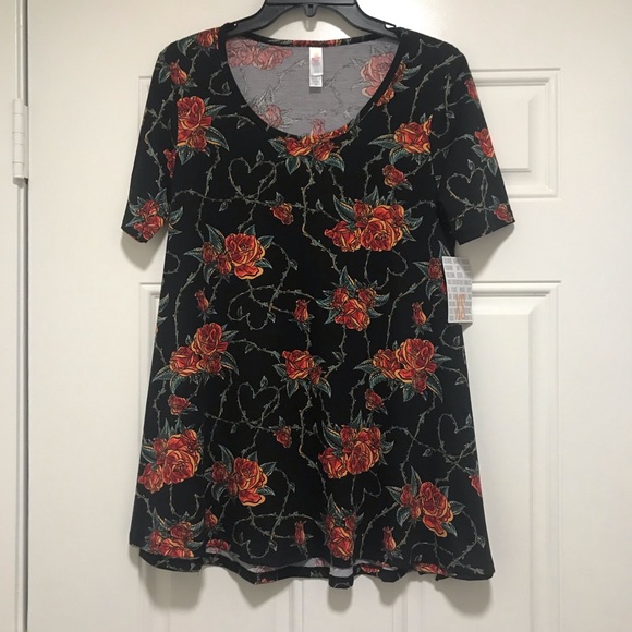 Lularoe Perfect T - Black Red Roses Vines - XS